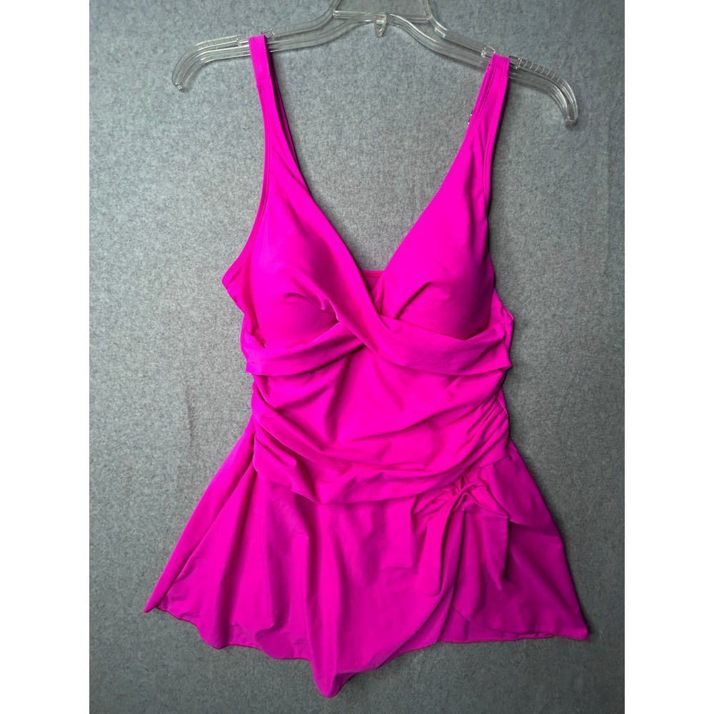 Neon Pink Surplice Swim Dress Ruched One Piece Swimsuit Adjustable‎ Straps